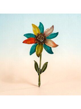 Vintage Multi-Colored Enamel Flower Brooch Pin - 3.5" x 2" - Retro Floral Daisy